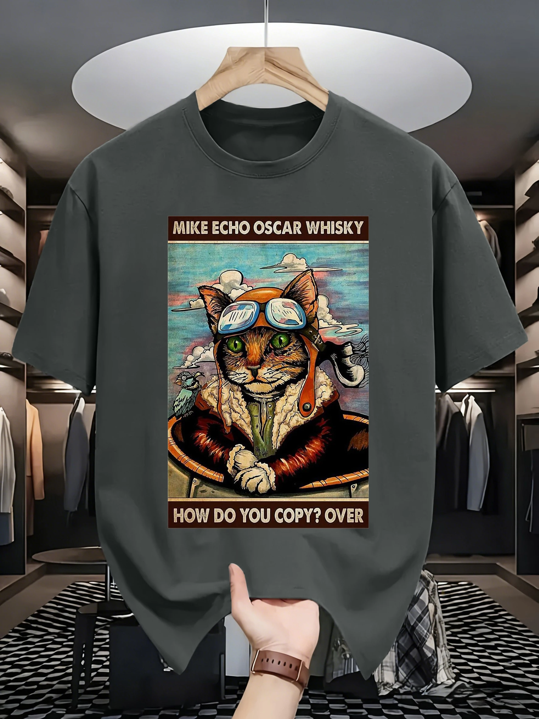 A Vintage Cat Flying In The Sky Prints Men Fashion Soft Short Sleeve Hip Hop Summer Comfortable T-Shirt Cotton Loose Clothing
