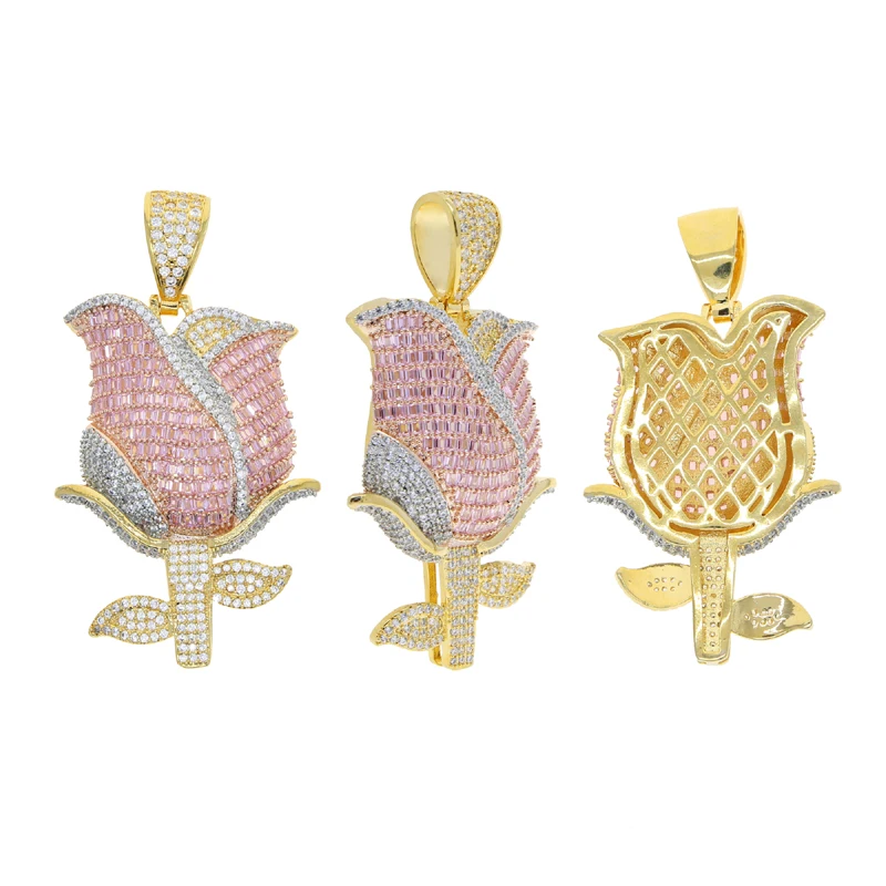 2025 New Iced Out Bling 5A CZ Nice Rose Flower Pendant Necklace Drop Ship Hip Hop Men Women Jewelry