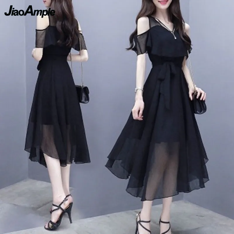 

2022 Summer Women's Graceful Black Chiffon Midi Dress Lady Off-Shoulder Fashion Joker V-Neck Dresses Korean Daily Clothes Female