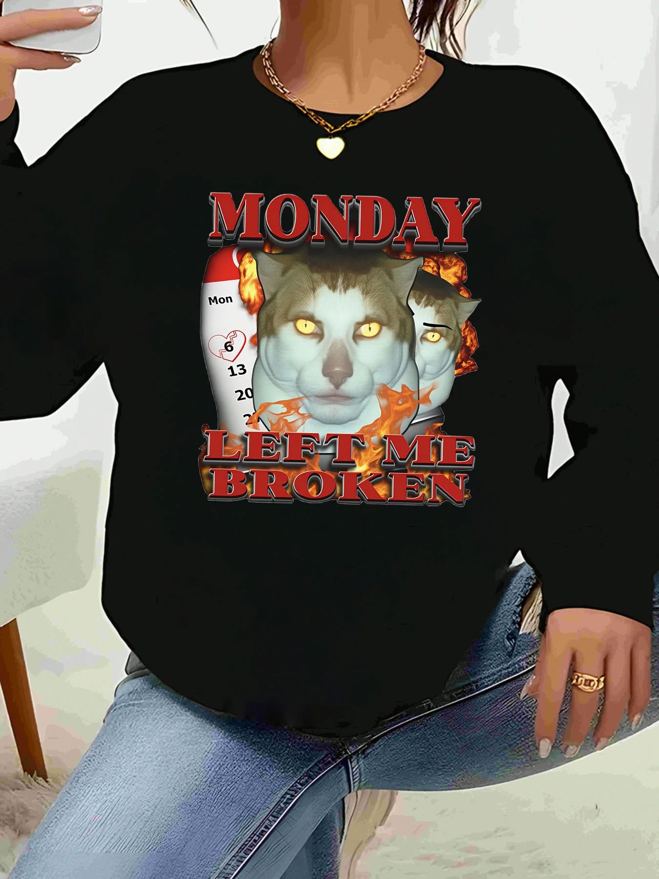 

Повседневная женская футболка с длинными рукавами и принтом «Кот и календарь» Left Me Broken для женщин