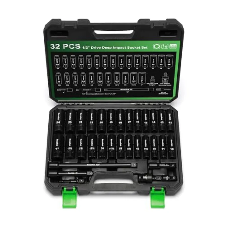 

1/2" Drive Deep 12-Point Impact Socket Set, 32-Piece Socket Set, SAE 3/8-1-Inch and Metric 10-24mm Size, Includes Extension Bar