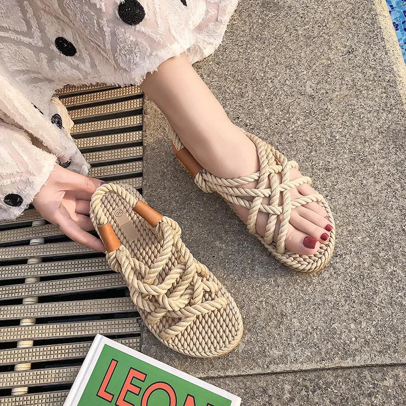 

2026 New Women Shoes Summer Weave Slip Cross Tied Women Roman Sandals Womens Closed Toe Peep Toe Lightweight Beach Sandals