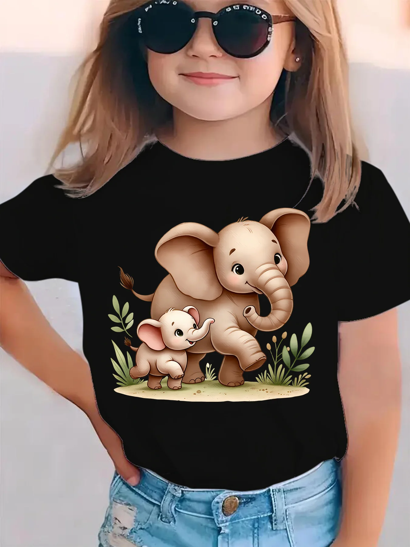 Summer Fashion Children's T-shirt Size Elephant Mother Child Lawn Element Cartoon Pattern Printed Casual Versatile Top