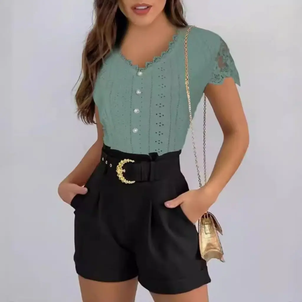 Wish Solid Color Lace V-Neck Short Sleeve T-Shirt European American Fashion Top for Women