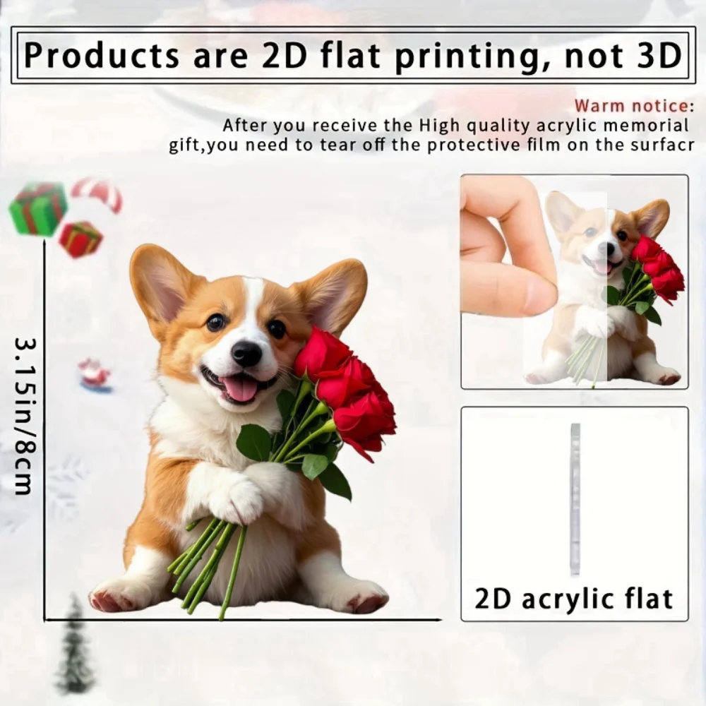 Cute Corgi & Rose Pendant Keychain,Chic Puppy 2D Flat Acrylic Hanging Charm,Decor for Car,Bag,Party,Festive-Valentine\'s Day Gift