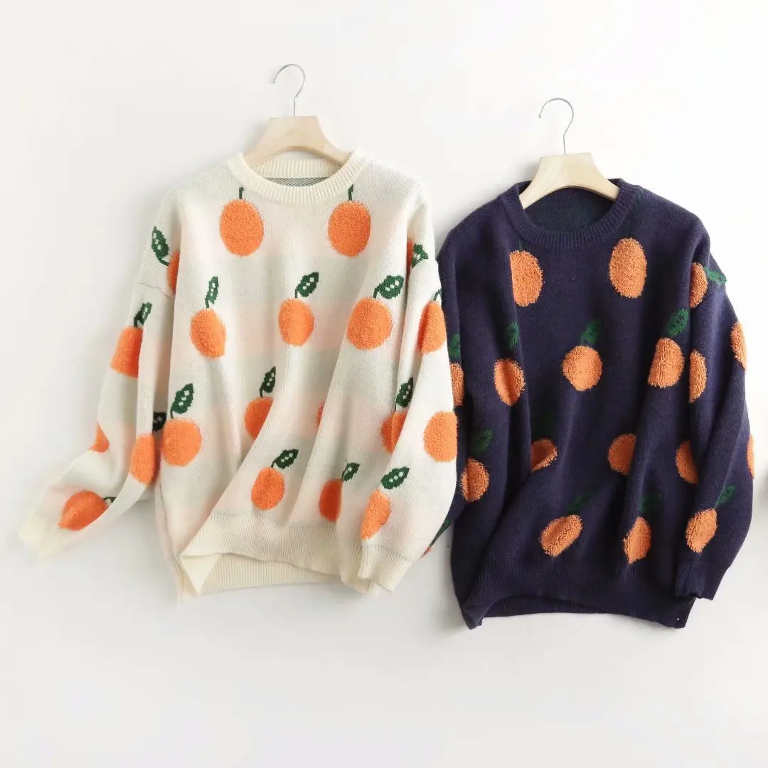 DAYIFUN Women Orange Embroidery Sweater Contrast Color Long Sleeve Turtleneck Knit Pullovers Female Autumn Fashion Loose Jumpers