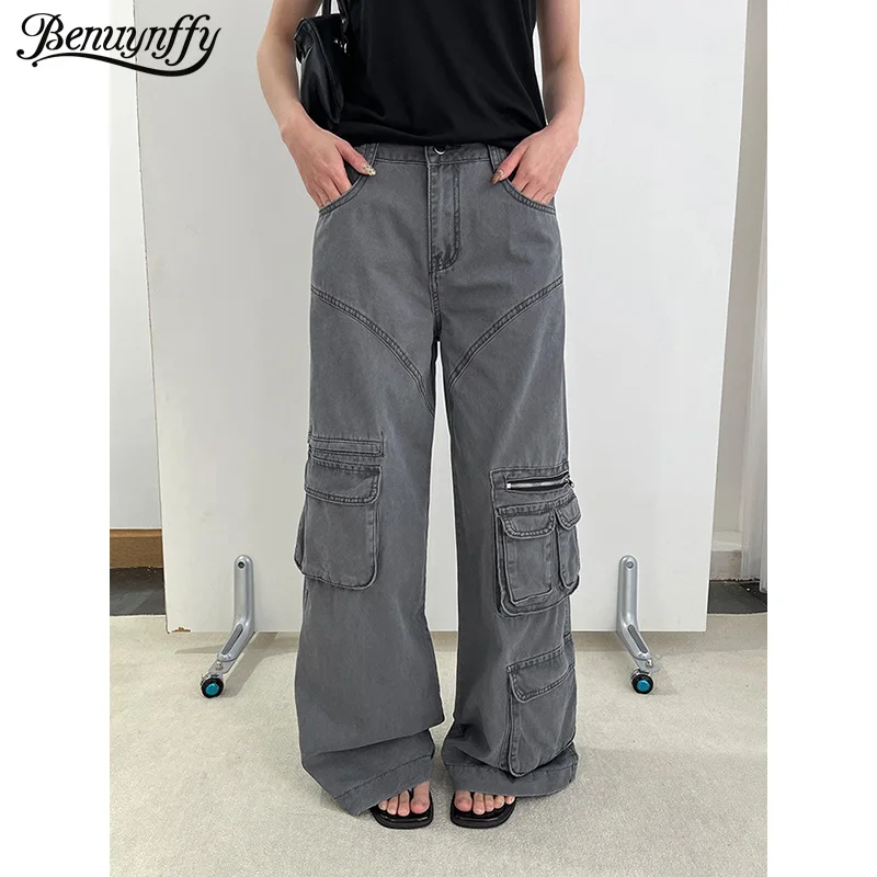 

Benuynffy High Street Retro Baggy Wide Leg Jeans Women 2026 Spring New Heavy Industry Y2k Style Multi-pocket Washed Cargo Pants