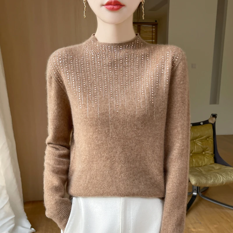 2025 autumn and winter women's wool sweater 100% pure wool pullover sweater women's cashmere shirt inlaid with diamonds sweater