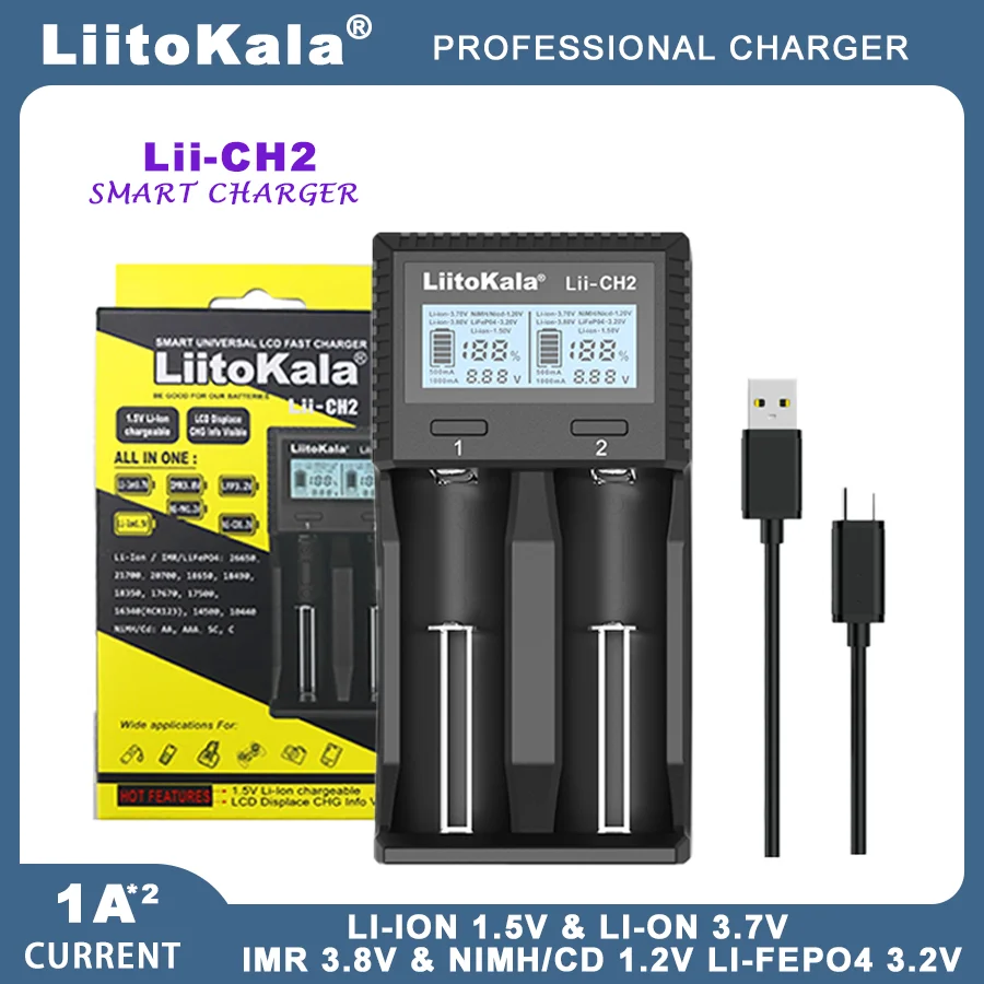 LiitoKala Lii-D4XL  Lii-CH2  21700 18650 3.7V Li-ion 3.2V LiFePO4 1.2V NiMH/Cd 26650 26700 32700  9V LCD Display Battery Charger