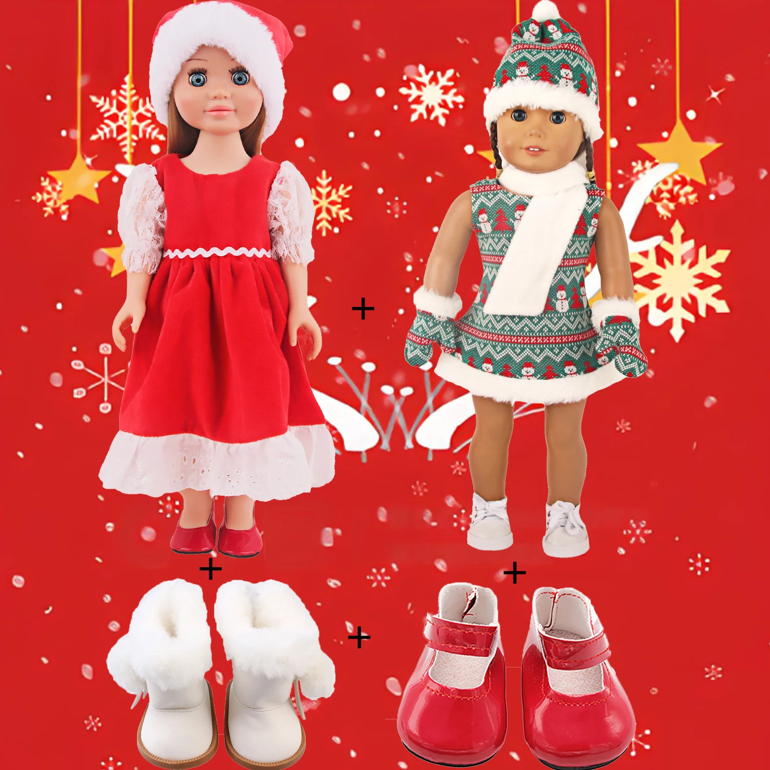 

Christmas Doll Clothing Set Wool Dress + Faux Fur Skirt Set + 2 Pairs Shoes CLothes Suit Outfit For 43cm Baby Newborn Girl Dolls