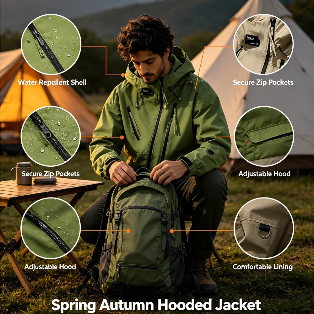 Spring Autumn Men's Tactical Cargo Jackets Men Multi Pocket Hiking Windbreaker Hooded Coats Men Climbing Waterproof Work Jacket