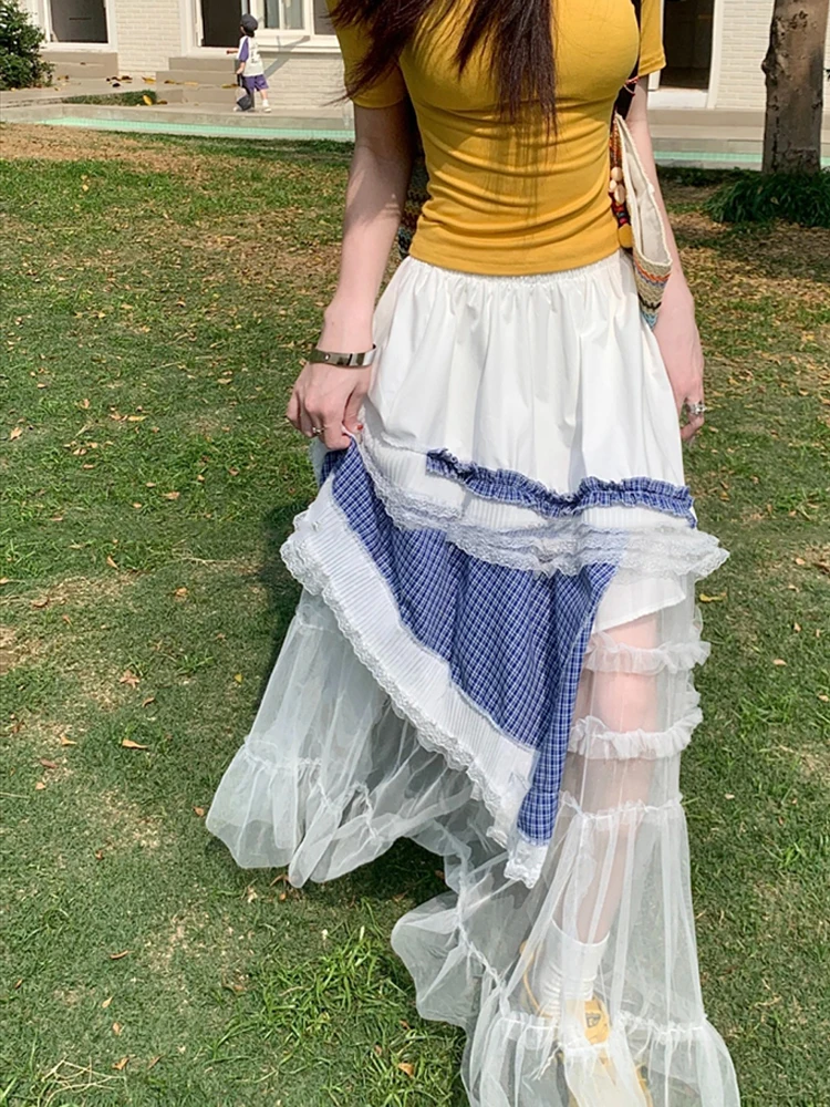 Heavy Industry Mesh Lace Splicing Half length Skirt Women Summer 2025 New Design High Waist Korean Style Big Swing Skirt