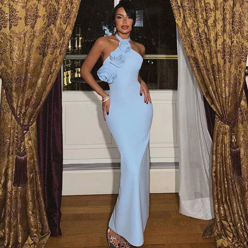 

2025 New Evening Dresses for Women Halter Back Vent Straight Hand Made Flower Young Lady Prom Birthday Party Gowns Customized