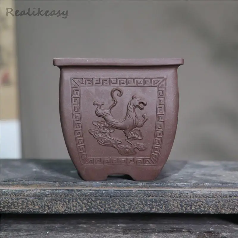 Yixing Purple Sand Flower Pot Chinese Style Home Square Bonsai Pot Ancient Office Desktop Decorative Succulent Flowerpot LE148