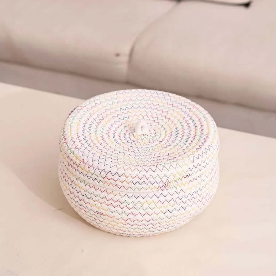 Bonita caja de almacenamiento de hilo de algodón tejido para aperitivos, cosméticos, almacenamientos de escritorio, mesa de centro de dibujos animados, escritorio para niña, cesta varios