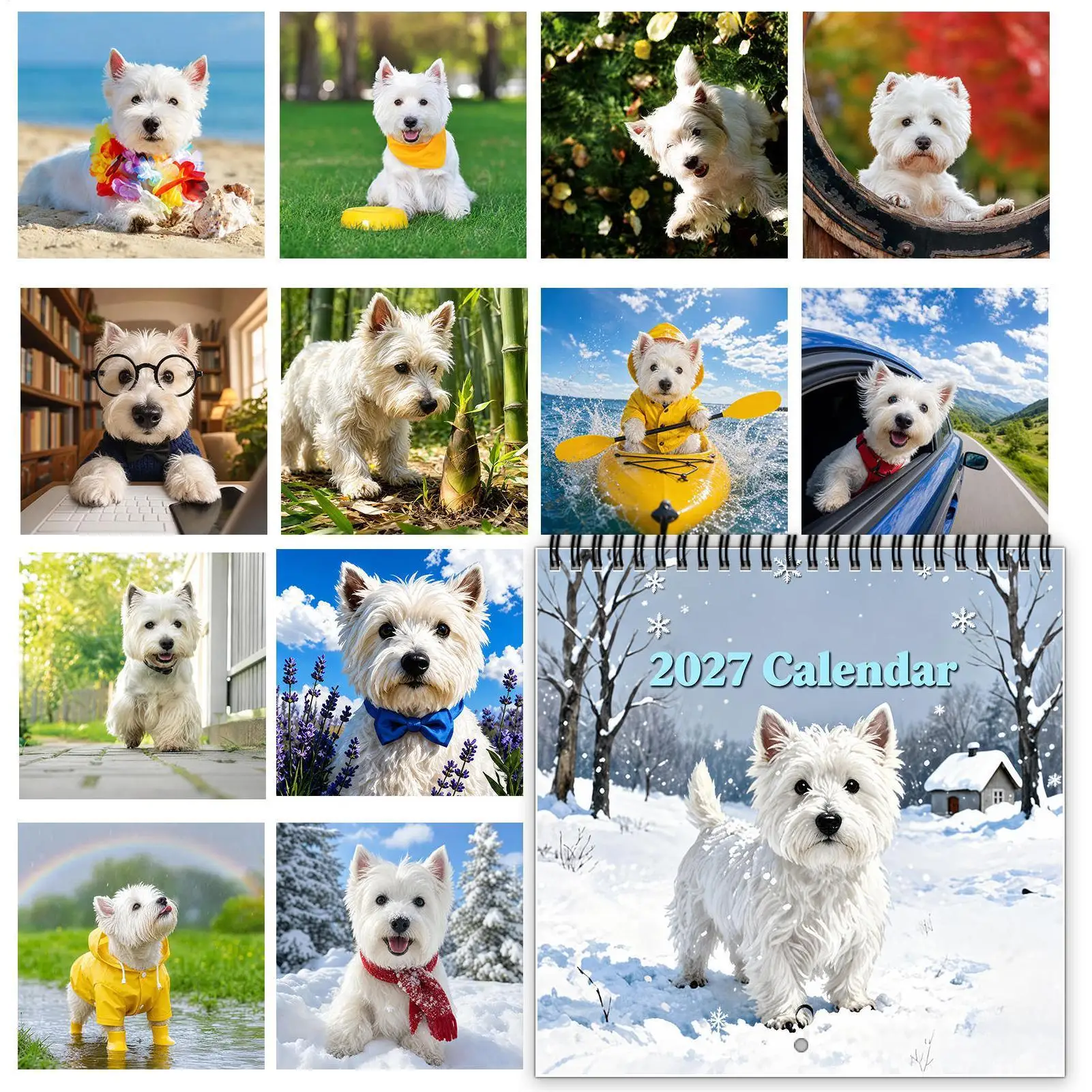 2027 Exquisite Dog Calendar Funny WestHighland Dog Wall Calendar Monthly Weekly Daily Appointment Planner Thick Paper Calendar