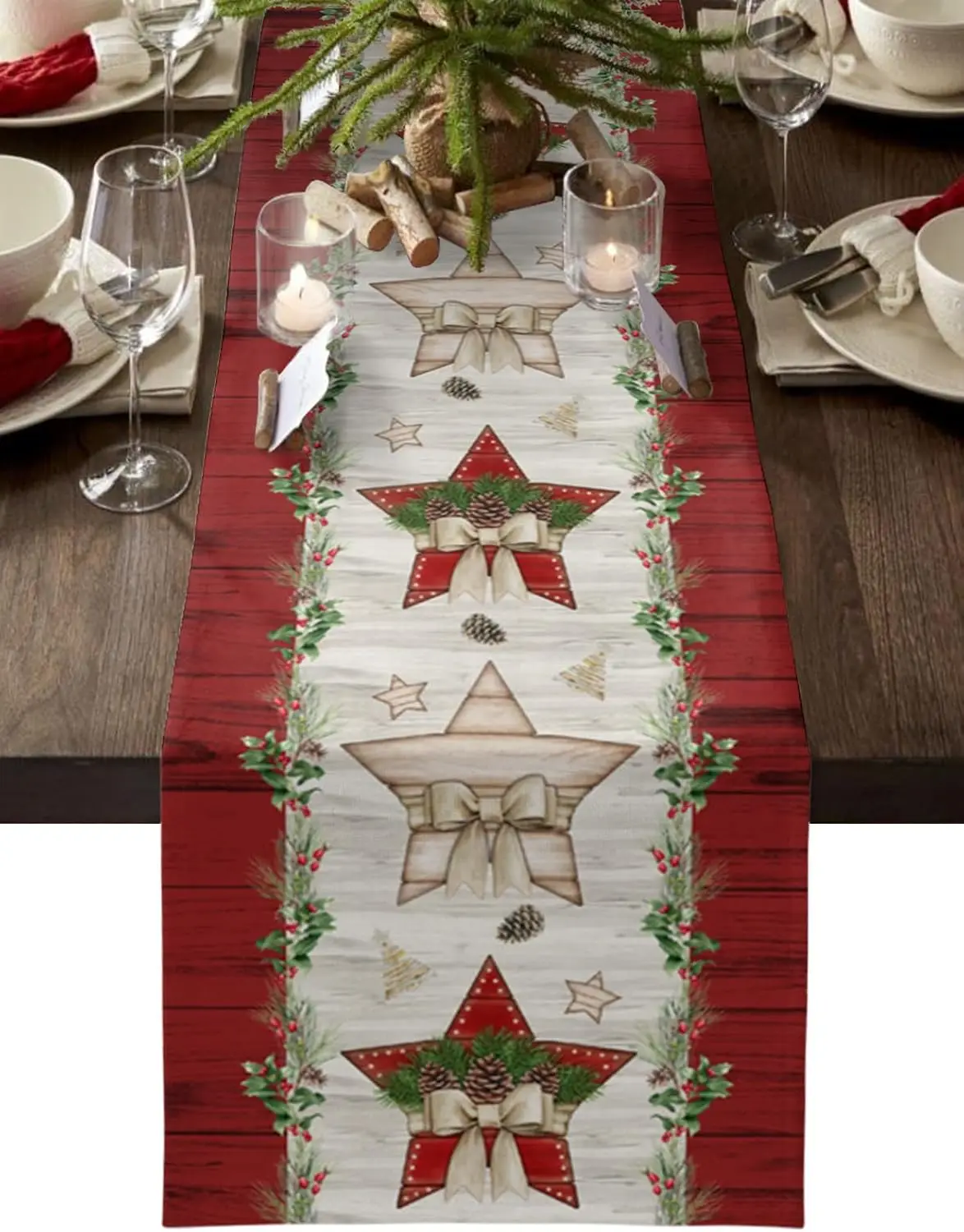 Christmas Star Pine Needles Red Wooden Linen table runners Wedding decoration washable Kitchen dining table runners party supply