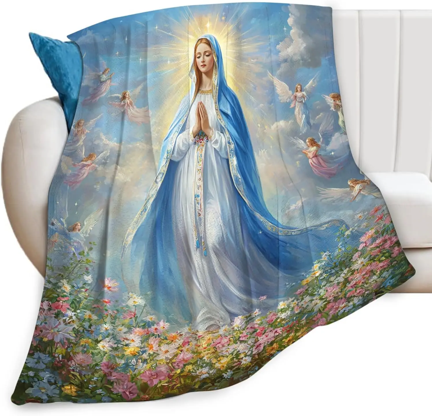 Elegant Decorative Throw Pillow Home Decor Floral Angel Virgin Mary Cushion Spiritual Christian Art Accent for Sofa Bedroom Bedd