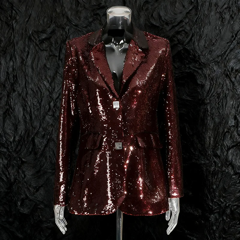 Sequined Blazer Jacket Single Breasted Bling Wine Red Notched Collar Suit Coat Stylish Casual Patchwork Slim Outerwear for Women