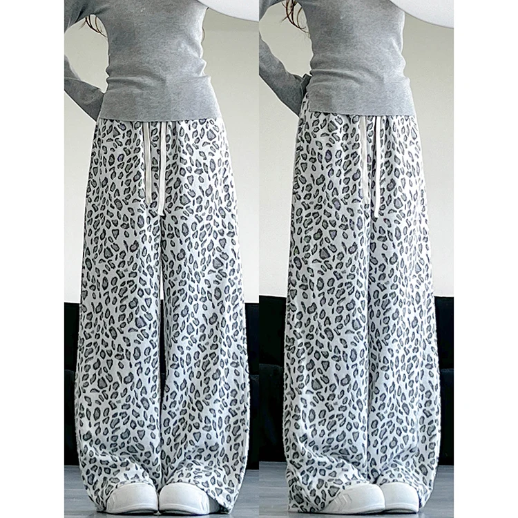 กางเกงขายาวทรงหลวมเอวสูงสำหรับผู้หญิง เนื้อผ้านุ่ม ยืดหยุ่น ใส่สบาย เหมาะสำหรับฤดูใบไม้ร่วงและฤดูหนาว ลายเสือดาว ไซส์พลัส