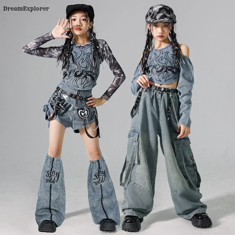Girls K-pop Denim Crop Top Street Dance Cargo Jeans Pants Kids Hip Hop Jazz Shorts Clothes Set Children Streetwear Stage Costume