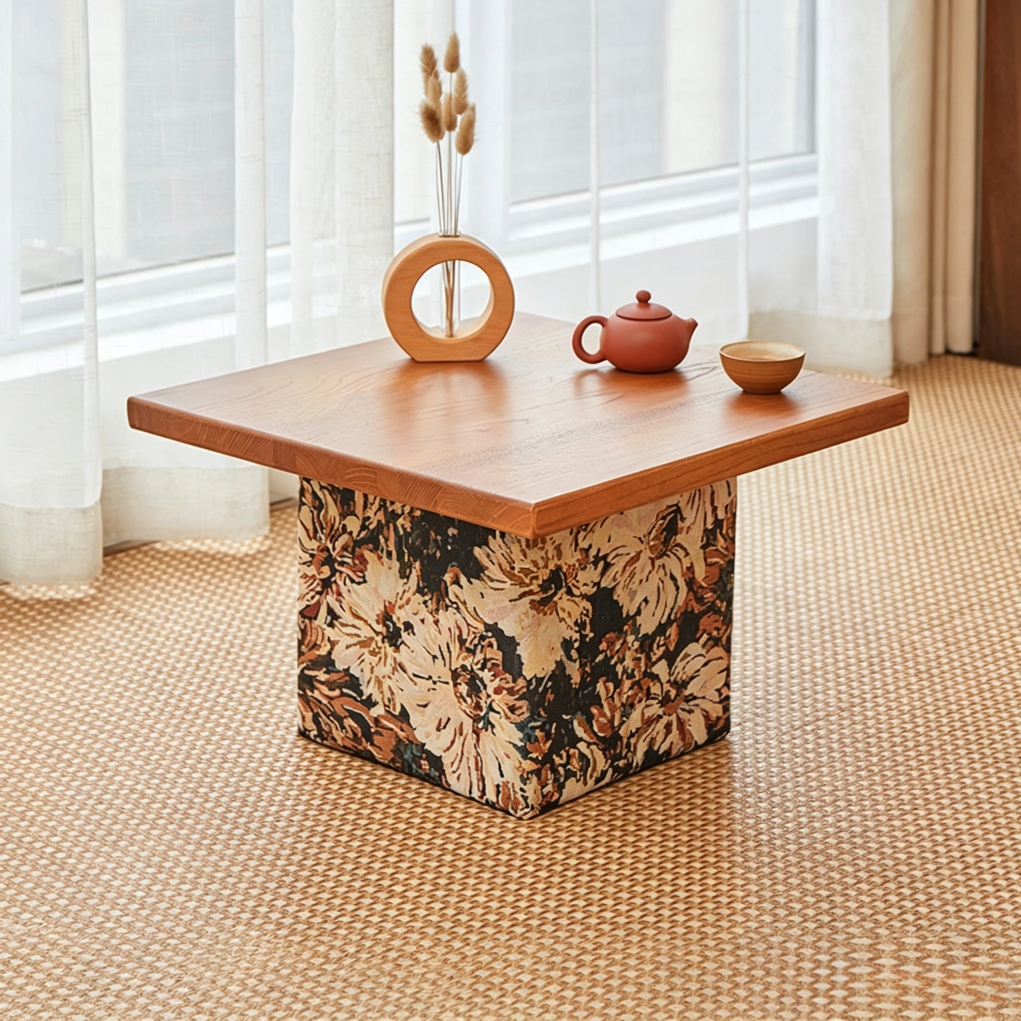 Solid Wood Low Tea Table Floor Side Table  Chair with Upholstered Soft Backrest Bay Window Seat for Leisure Reading Nook
