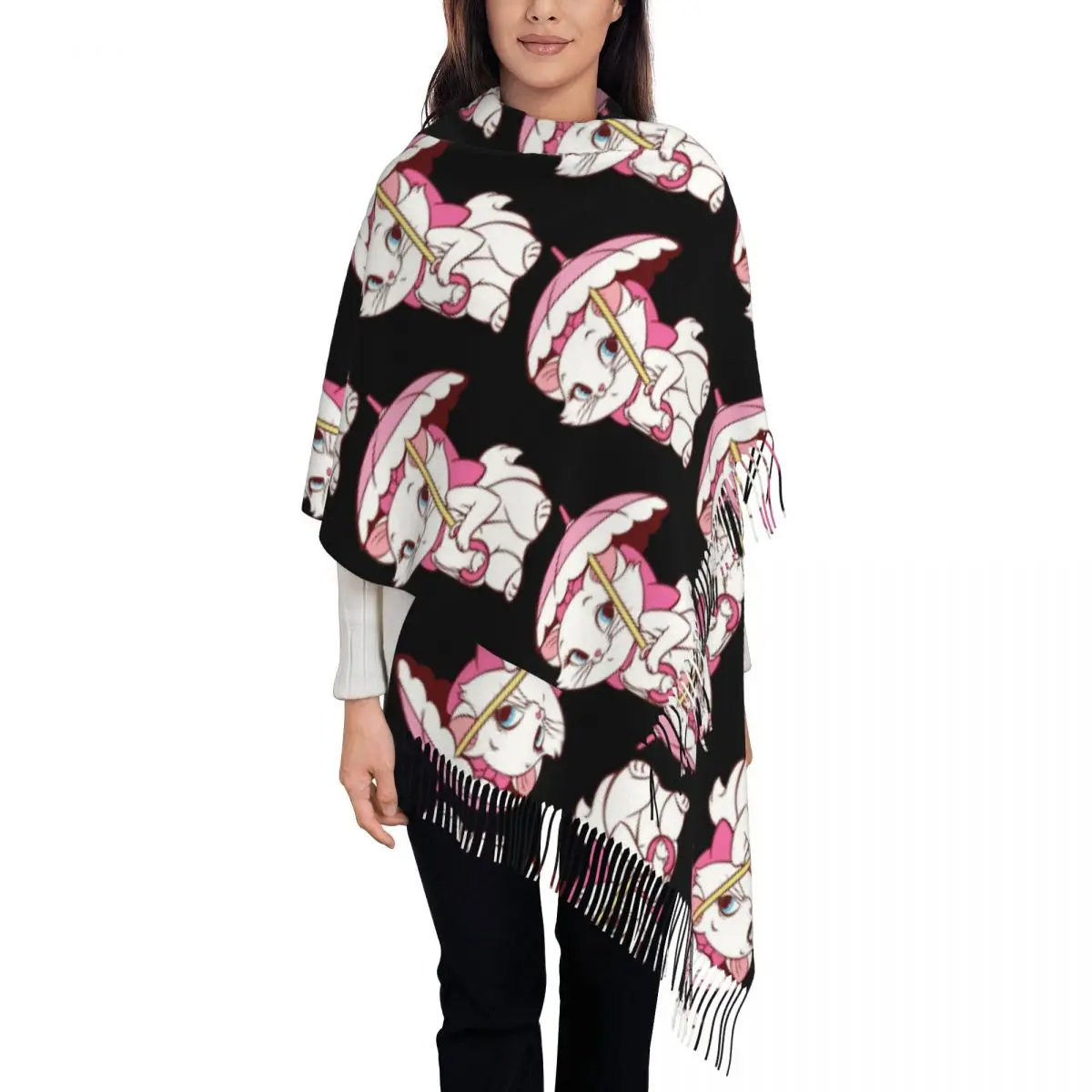 

Custom Marie Cat Cartoon Tassel Scarf Women Soft Shawl Wrap Female Winter Scarves