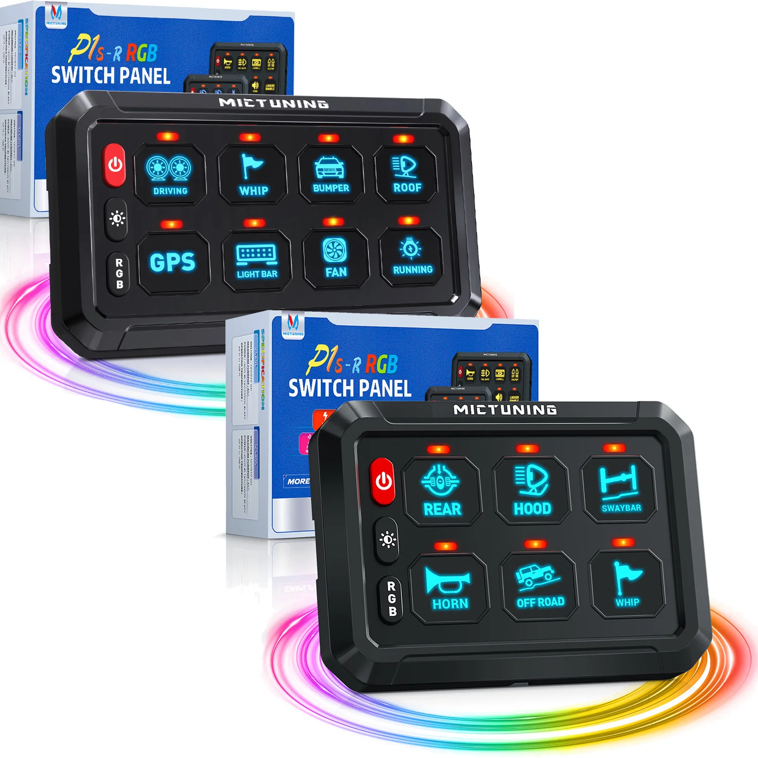 MICTUNING 6-Gang/8Gang RGB Switch Panel P1s-R-12V Multicolor Toggle Control Box with Relay for Trucks Boats Off-Road Vehicles