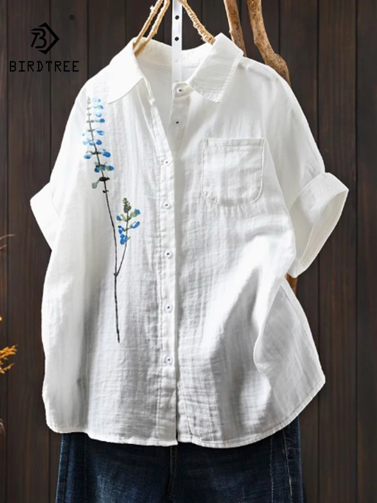 

Новая летняя женская хлопковая рубашка 2026 года с коротким рукавом, отложным воротником и принтом, в стиле Mori Girl, удобная тонкая свободная блузка T64127CC