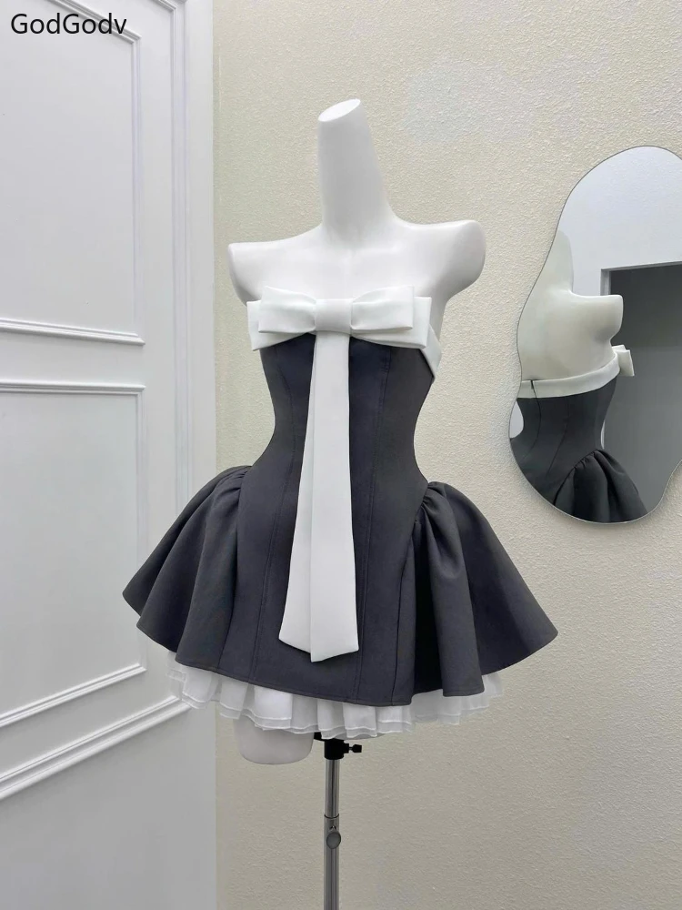 Summer New Vintage Elegant Woman Dress Strapless Bow Patchwork High Waist Puffy… - Image 4