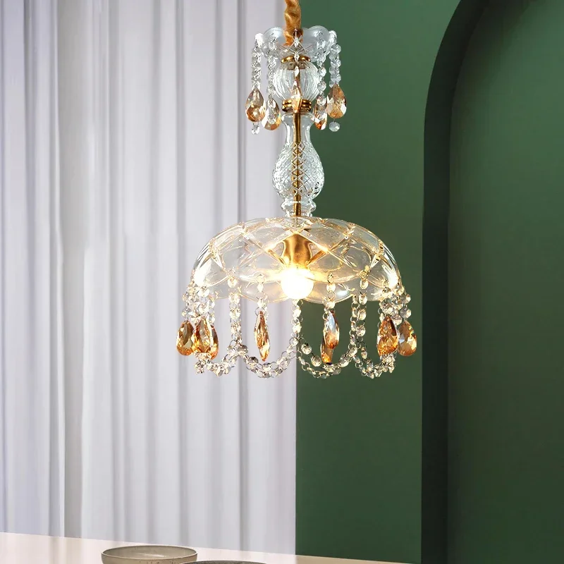 

French Crystal Small Pendant Lamp Retro Copper Glass Chandeliers Hanging Light for Bedroom Bar Restaurant Table Aisle Lighting