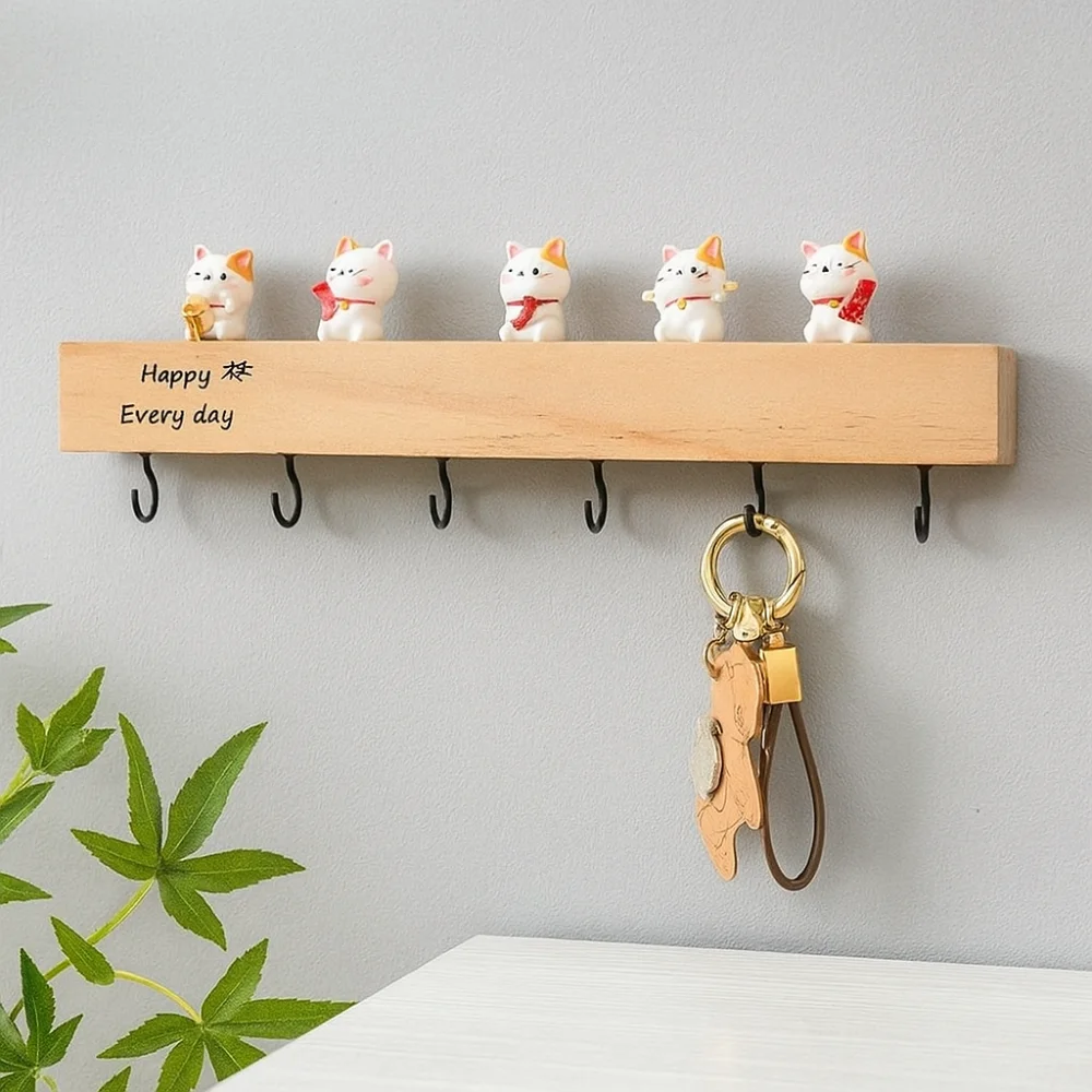 

Solid Wood Key Storage Rack 6 Hooks Punch-Free Coat Hanger Three-Dimensional Design Vintage Style Wall Mounted Hook Entryway