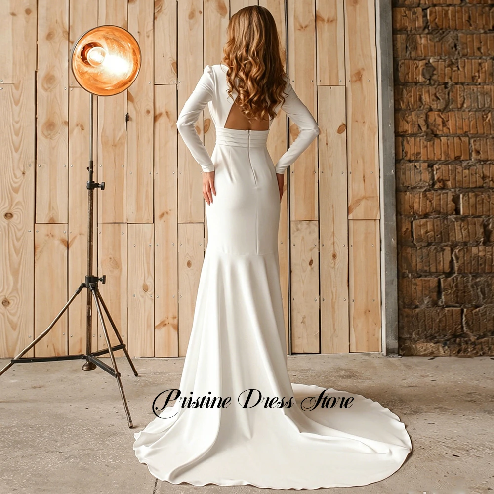 Fashion Deep V Neck Long Sleeve Mermaid Wedding Dress With Open Back Train Jersey Court Train Women Bridal Gowns Customized