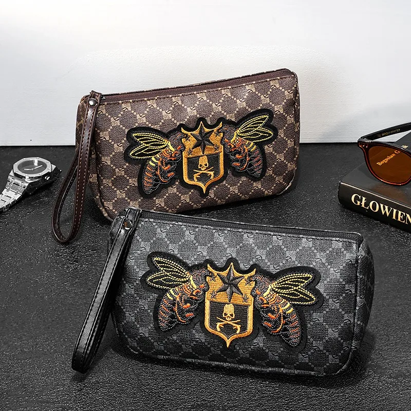 

Luxury Design Men's Clutch Bag Embroidery Bee Clutches Bags Men Retro Fashion Wrist Mobile Phone Bag Male Handbags Pouch Purse