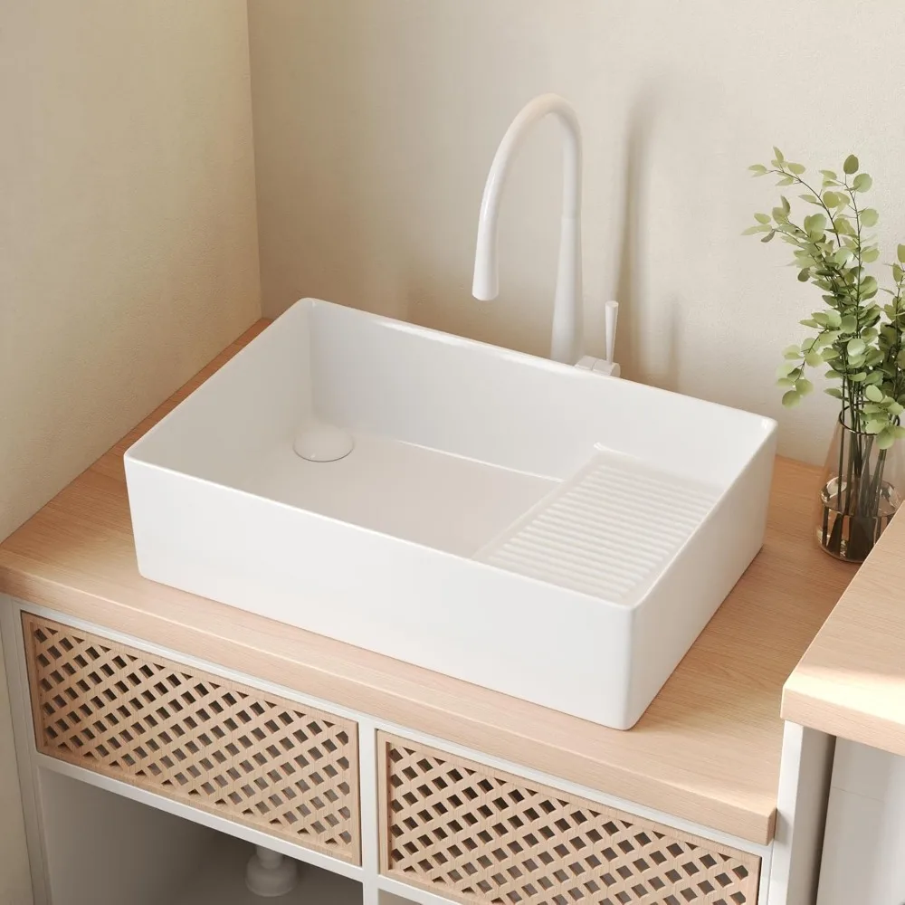 

Bathroom Vessel Sink, Deer Valley 24" x 15" White Ceramic Vessel Sink with Sloped Washboard, Rectangular Bathroom Utility Basin