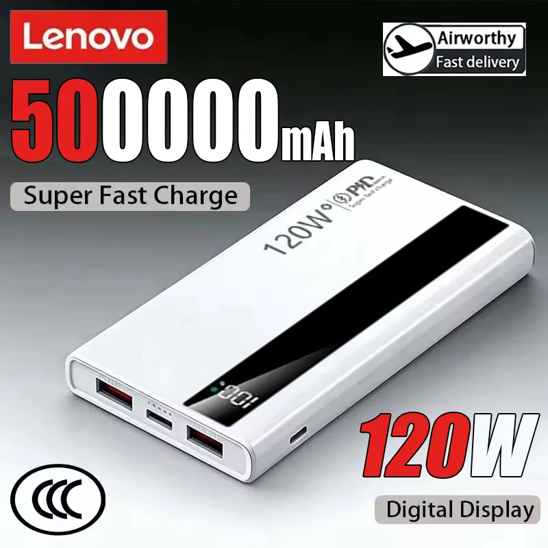 Lenovo 500000mAh 120W High Capacity Power Bank Fast Charging Powerbank Portable Battery Charger For iPhone Samsung Xiaomi Huawei