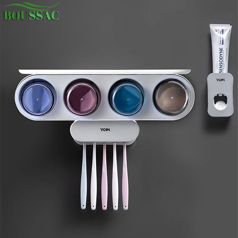 

BOUSSAC Wall-mounted Toothbrush Holder Automatic Toothpaste Extruder Dispenser Organizer Storage Rack Bathroom Accessories Set