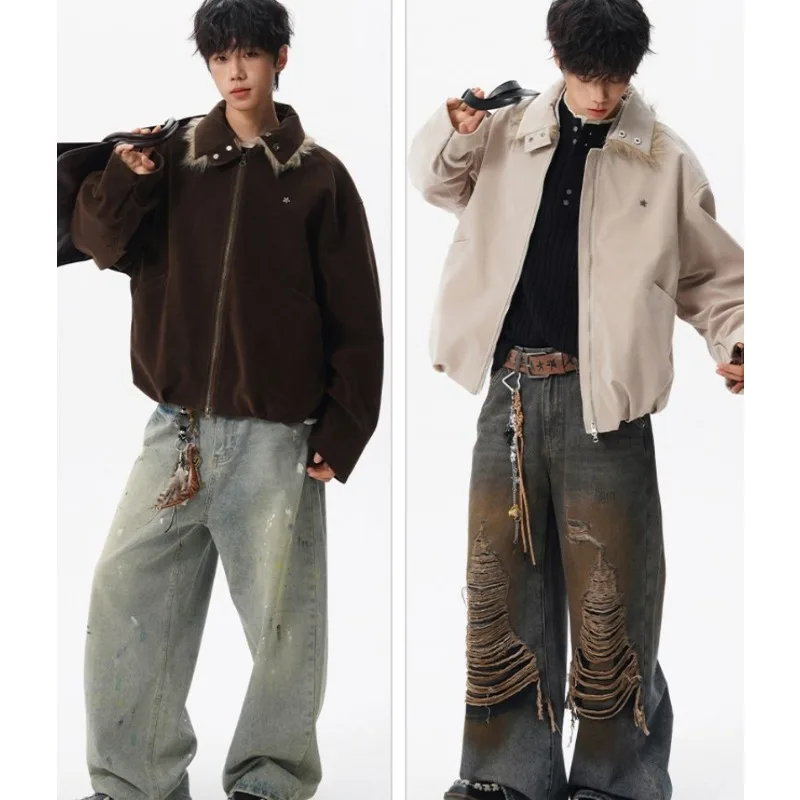 

2026 Fashion High Street Retro Fake Two-piece Splicing Hooded Cotton-padded Coat Men's Winter Locomotive Leather Cotton Jacket