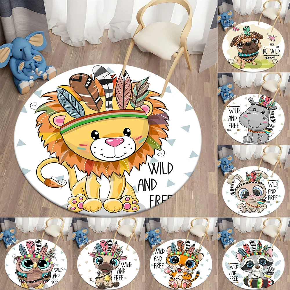 Kawaii Lion Round Rug Cartoon Animal Carpet for Living Room Kids Room Anti-slip Floor Mat Children Bedroom Soft Kitchen Area Rug