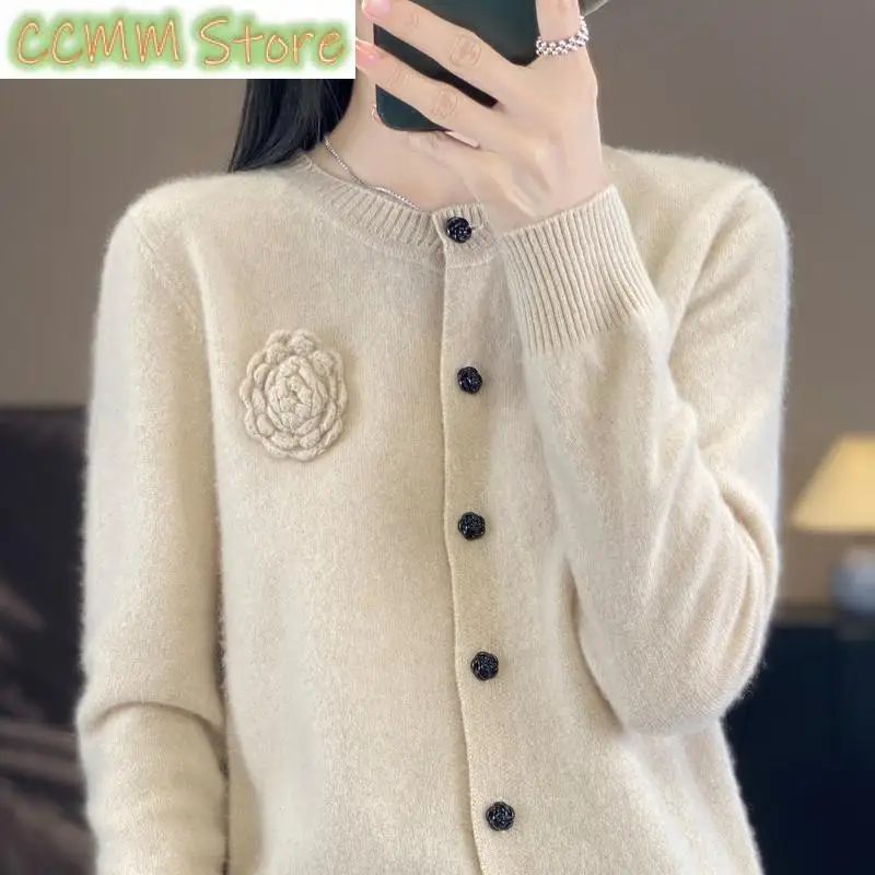 New cardigan women's O-neck sweater autumn winter knitted fashion trend women's long sleeved cardigan, 100% Merino wool