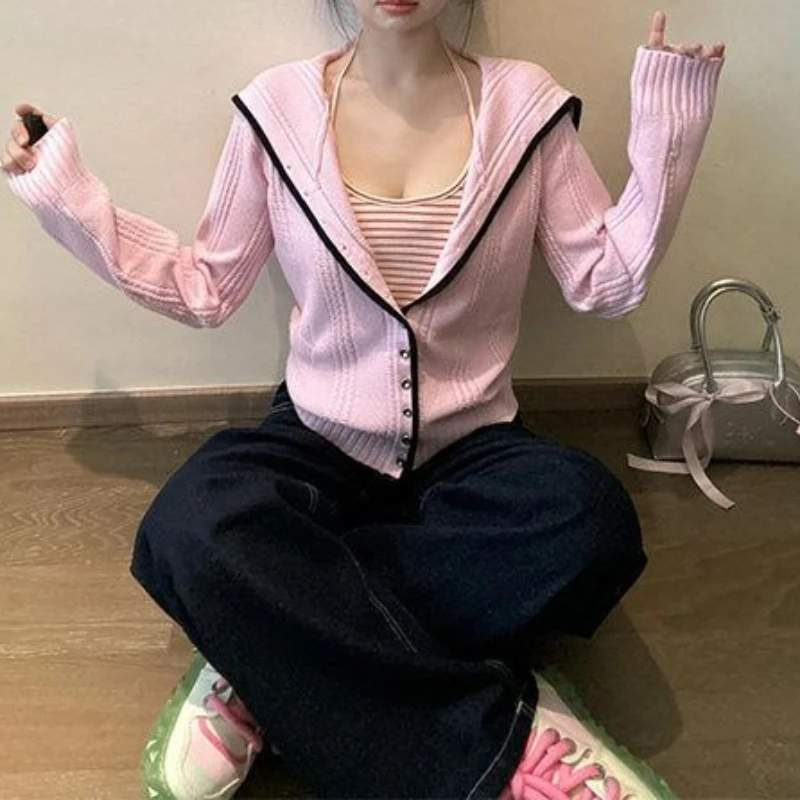 Pink Navy Collar Twist Sweater Jacket for Women 2026 Autumn and Winter Short Soft and Waxy High-end Super Nice Knitted Cardigan