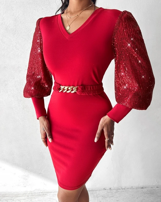 Women's Sexy Elegant Sequin Lantern Sleeve Dress Temperament Commuter Autumn New Fashion Female Skinny Casual High Waist Dresses