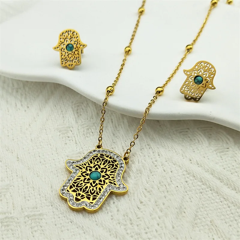 

Fatim's Hand Rhinestone Pendant Necklace Earrings For Women Men Stainless Steel Gold Color Faith Female Trend Jewelry Set