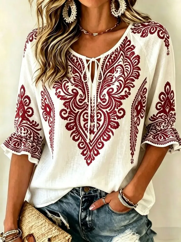 

Women's White & Red Paisley Print Tie Neck Blouse, Casual Loose Tops for Spring Summer Daily Wear & Vacation Occasions