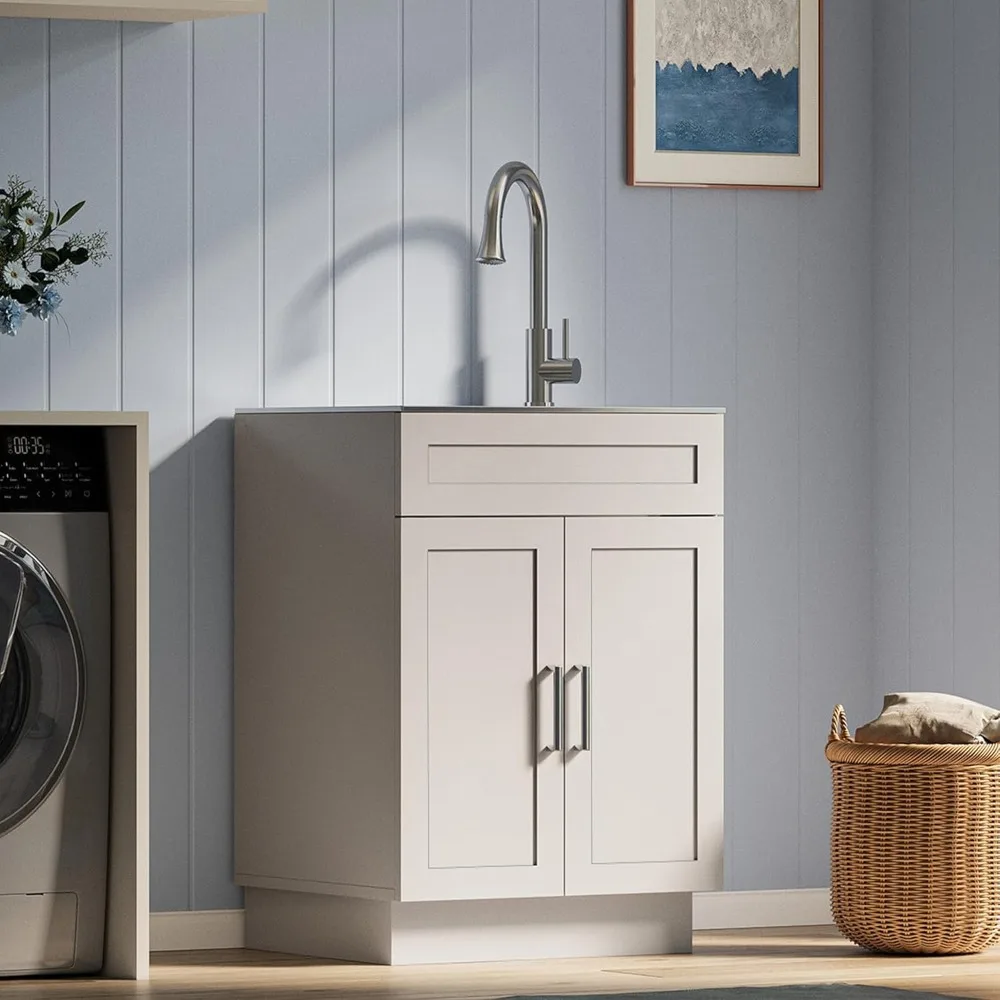 

24 Inch Laundry Sink with Cabinet, Stainless Steel Utility Sink Cabinet with Pull-Out Hot/Cold Faucet Metal Hooks Freestanding
