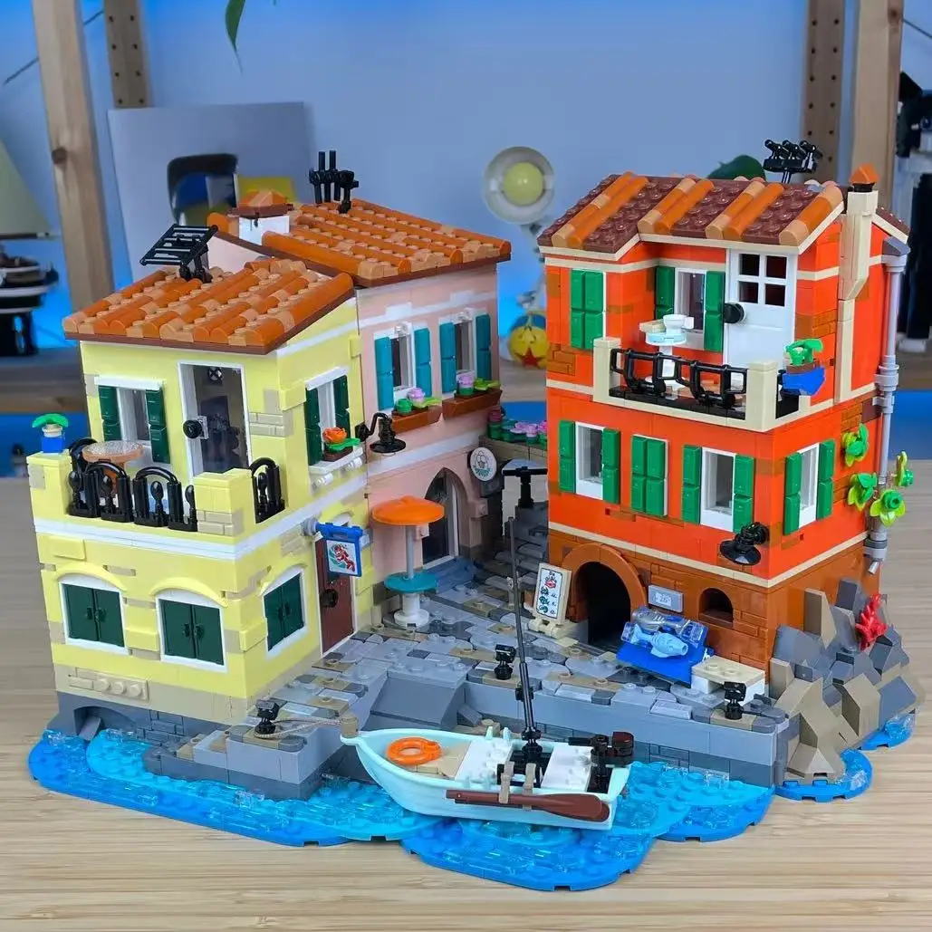 Creative Expert Ideas Italian Village Town Modular Building Blocks Compatible 21359 Fish Vendor Gelato Store Display Model Toy