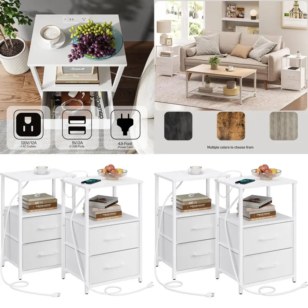 

Dual USB Charging Nightstand with Outlets, White, Set of 2, Couch Side Table TB01BW052
