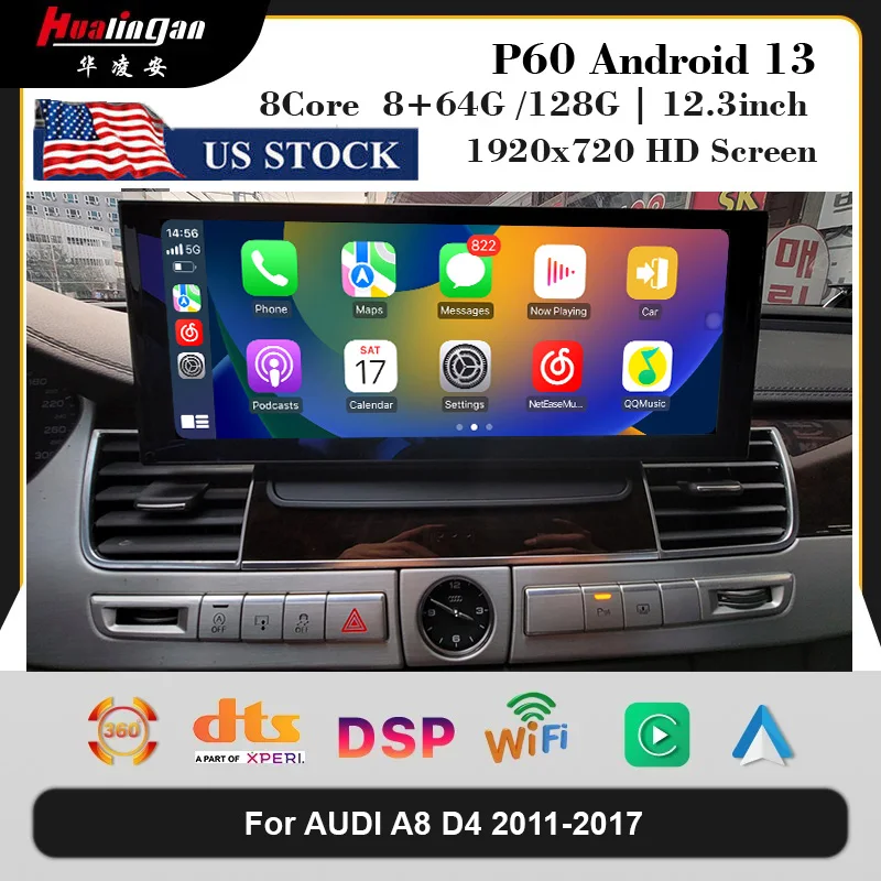 12.3 inch for Audi A8 D4 2011 2012 2013 2014-2017 Android 13 car multimedia DVD stereo radio player GPS navigation CarPlay auto