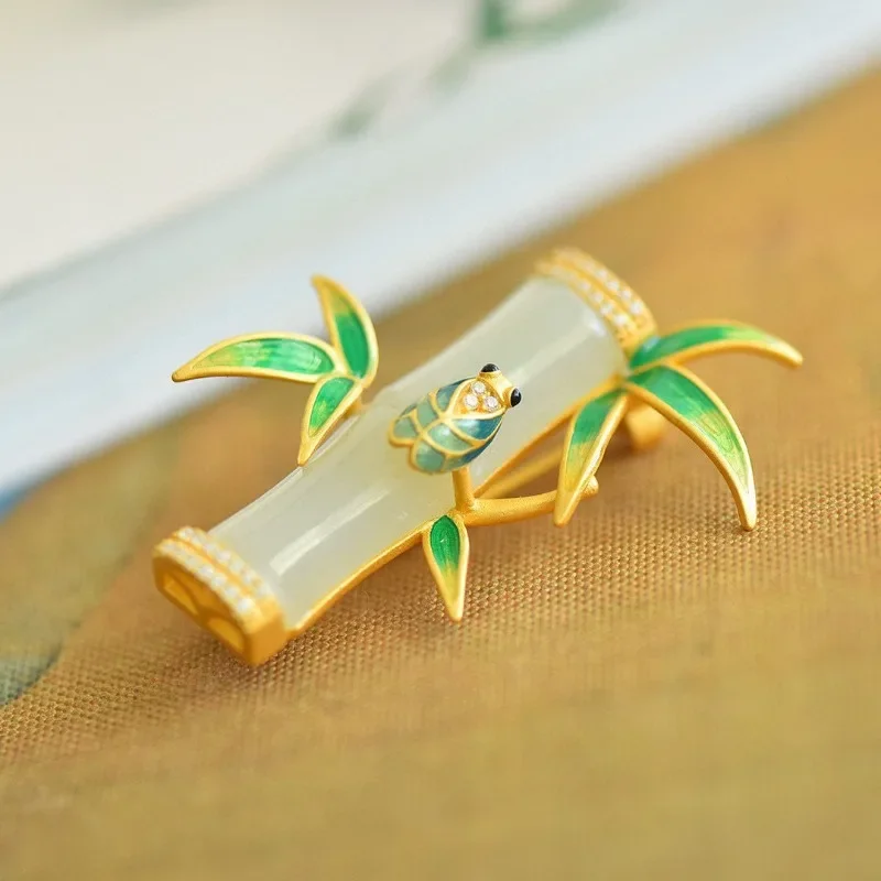 Bamboo Leaf Broche Natural Hetian White Jade Brooches for Women Enamel Small Cicada Brooch Pastoral Style Fresh Charm Jewelry