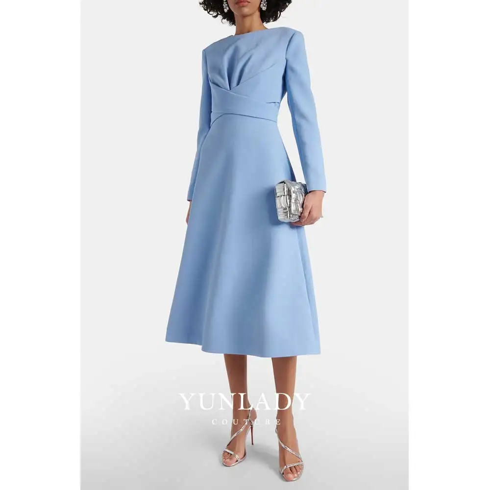 YUNLAN Elegant Sky Blue Evening Dress 2024 Women\'s Wedding Arabic Crepe Long Sleeve Formal Prom Special Occasion Party Mom Dress